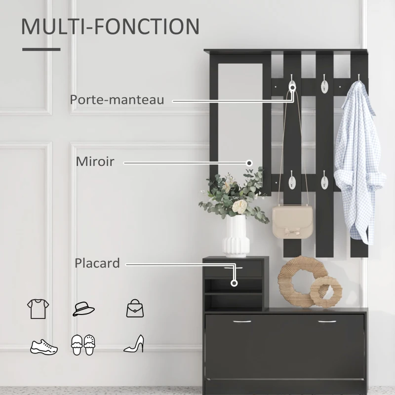 HOMCOM Ensembles 3 en 1 de meuble d'entrée vestiaire avec panneau porte-manteau, miroir et banc à chaussures - 6 crochets et étagère réglable, noir