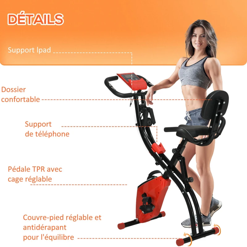 HOMCOM Vélo d'appartement pliable, vélo d'exercice, home traîner pour adultes, 8 niveaux de résistance magnétique, capteurs pouls main, écran LCD multifonction, selle réglable, acier, rouge, noir