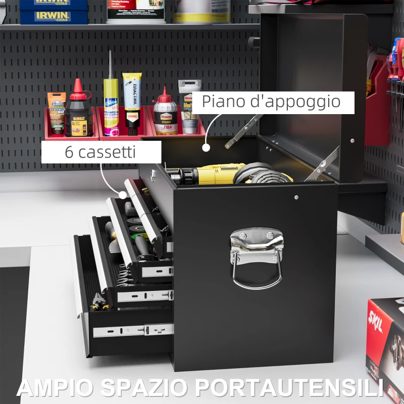 HOMCOM Cassetta per Attrezzi a 6 Cassetti in Acciaio con Serratura, 60x26x34cm, Nero