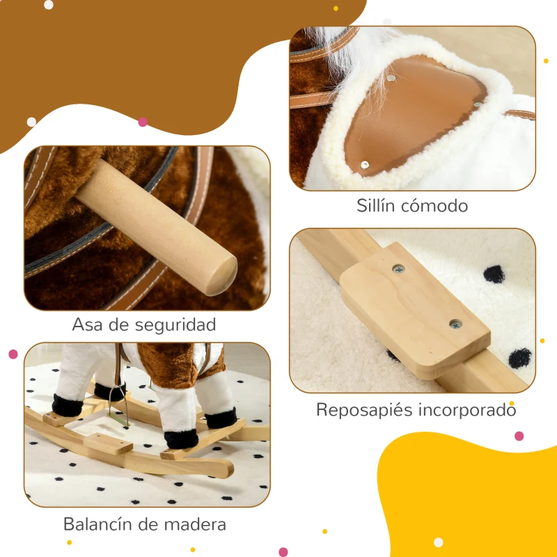 HOMCOM Caballo Balancín para Niños de +3 Años con Música Sonido y Función de Cola Mover la Cola Carga 30 kg 68x26x62 cm Marrón