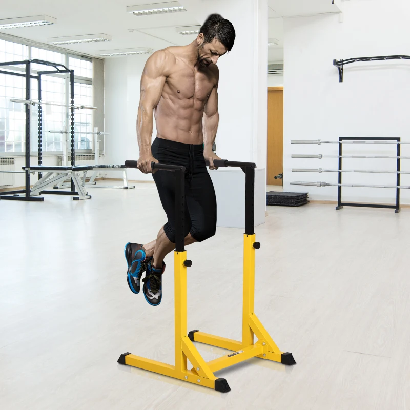 HOMCOM Estación Dip de Musculación Tipo Barras con Altura Ajustable Soporte para Entrenar Abdominales Espalda Peso Máximo de 100 kg 66x75x83-119 cm Amarillo