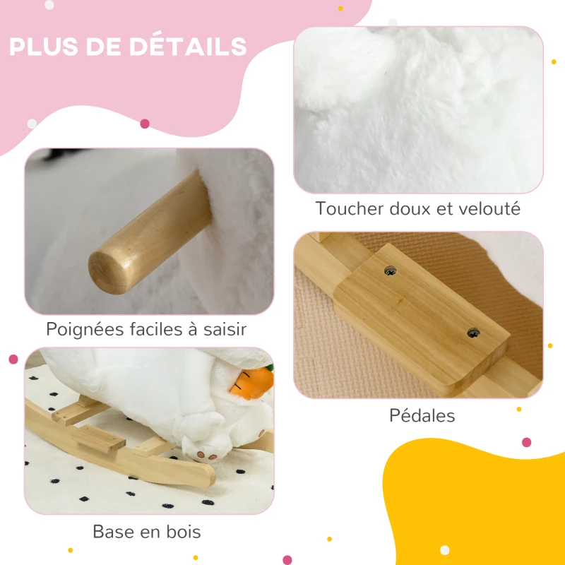 HOMCOM Jouet à bascule modèle lapin fonction musicale selle grand confort peluche courte douce bois peuplier 18-36 mois blanc