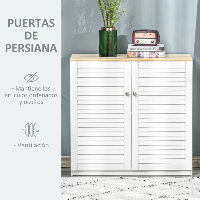 HOMCOM Aparador de 2 Puertas Diseño de Persiana con Estante Ajustable Armario Auxiliar de Almacenaje Moderno para Salón Dormitorio 80x30x78,5 cm Blanco(m-4)