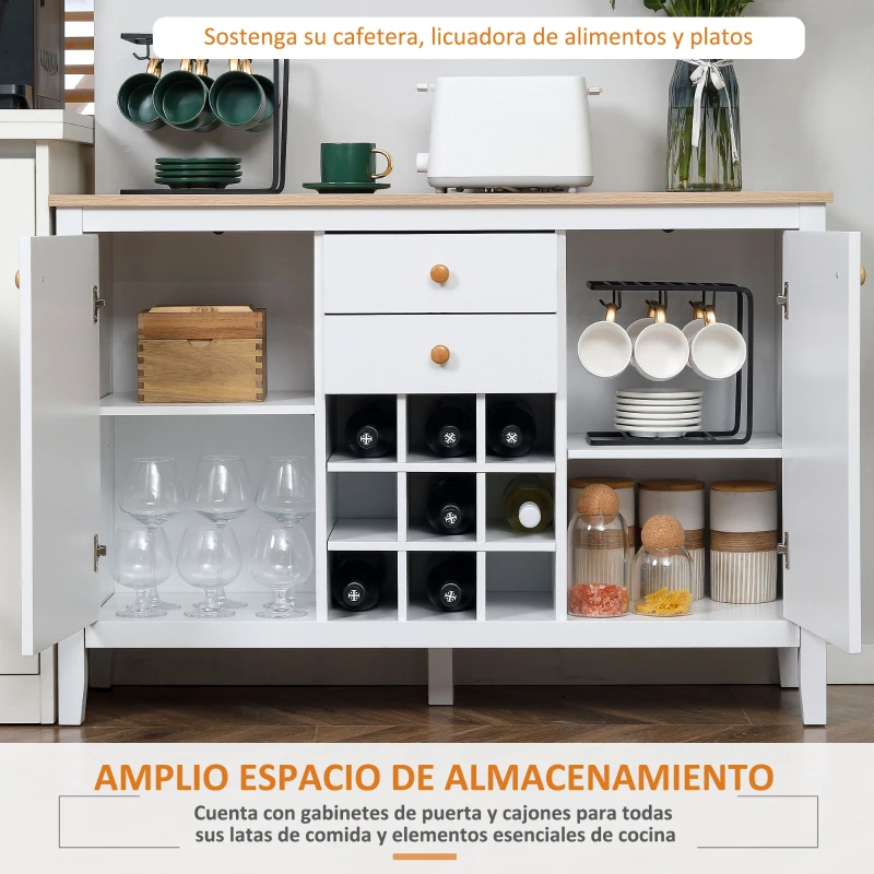 HOMCOM Aparador de Cocina Moderno con Cajones y Botellero Mueble Auxiliar para Comedor Salón 110x35x75 cm Blanco
