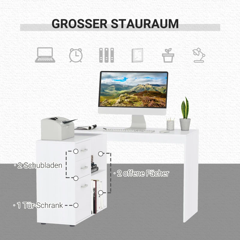 HOMCOM Eckschreibtisch Esstisch Computertisch Bürotisch Winkelschreibtisch Regal L-Form 117 x 83,5 x 76 cm, I-Form 162 x 50 x 76 cm, Weiß, MDF+Metall