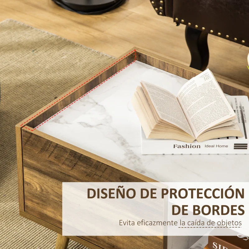 HOMCOM Mesa de Centro para Salón con Cajón y Estante Abierto Mesa de Café Industrial con Encimera de Mármol y Patas Elevadas de Madera 80x45x40,5 cm Marrón Rústico y Blanco