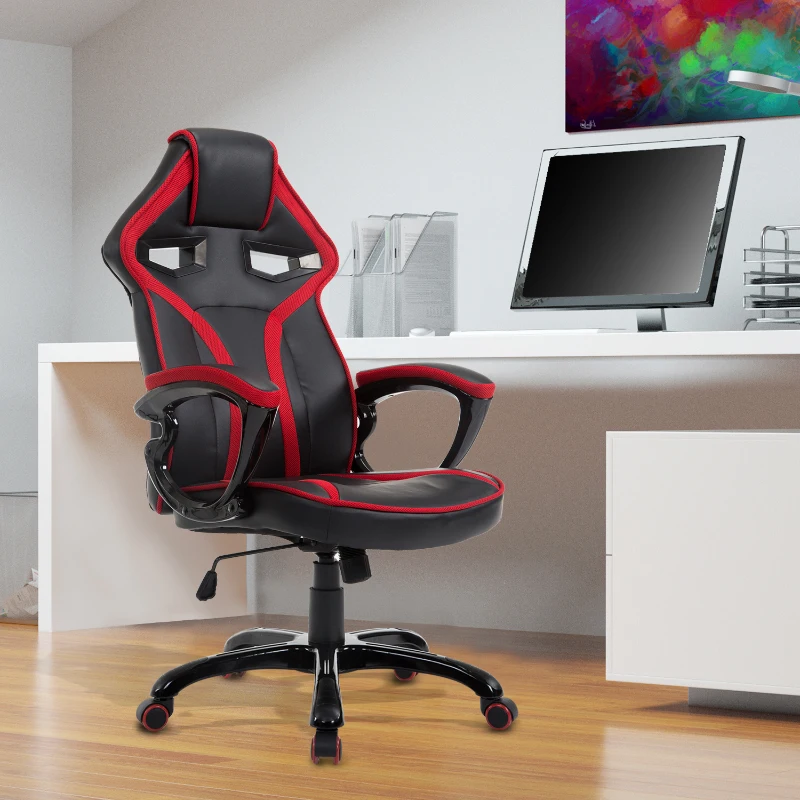 HOMCOM Chaise racing de bureau siège fauteuil sport gaming pivotant hauteur et dossier réglables accoudoirs rembourrés revêtement synthétique rouge et noir