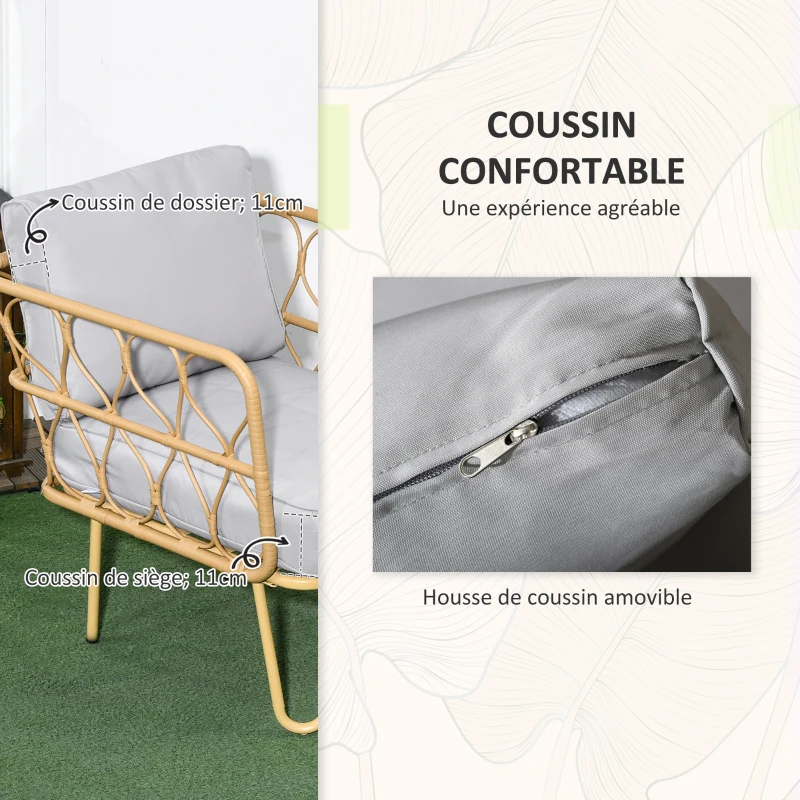 Outsunny Ensemble salon de jardin en résine tressée 3 pièces 2 fauteuils + 1 table basse ronde coussins inclus
