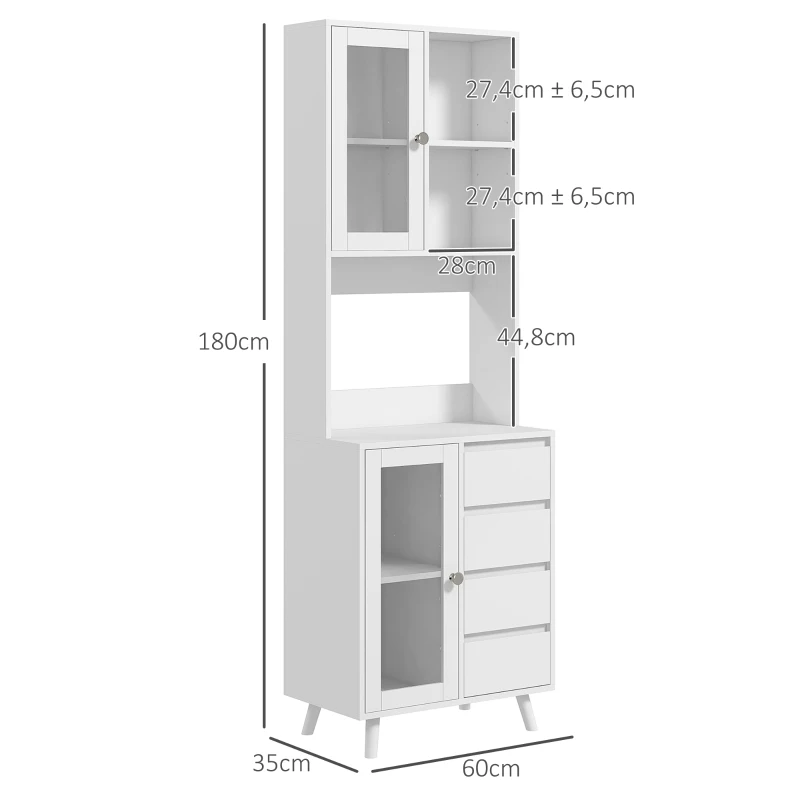 HOMCOM Alacena de Cocina Aparador con 2 Puertas de Vidrio Compartimentos 4 Cajones y Estantes Ajustables 60x35x180 cm Blanco
