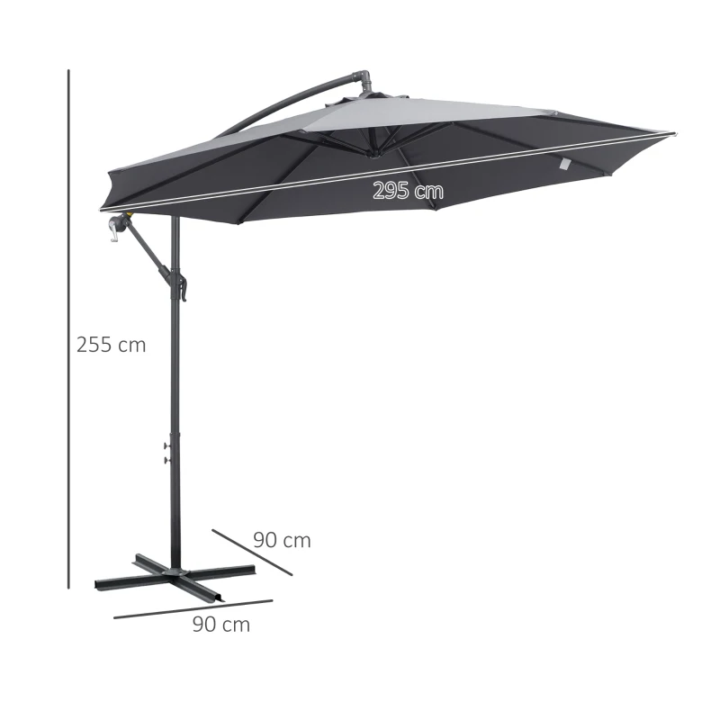 Outsunny Sombrilla de Jardín Ø295x255 cm Parasol Excéntrico Inclinable con Manivela Base Cruzada y Soporte de Metal 8 Varillas para Terraza Exterior Balcón Gris