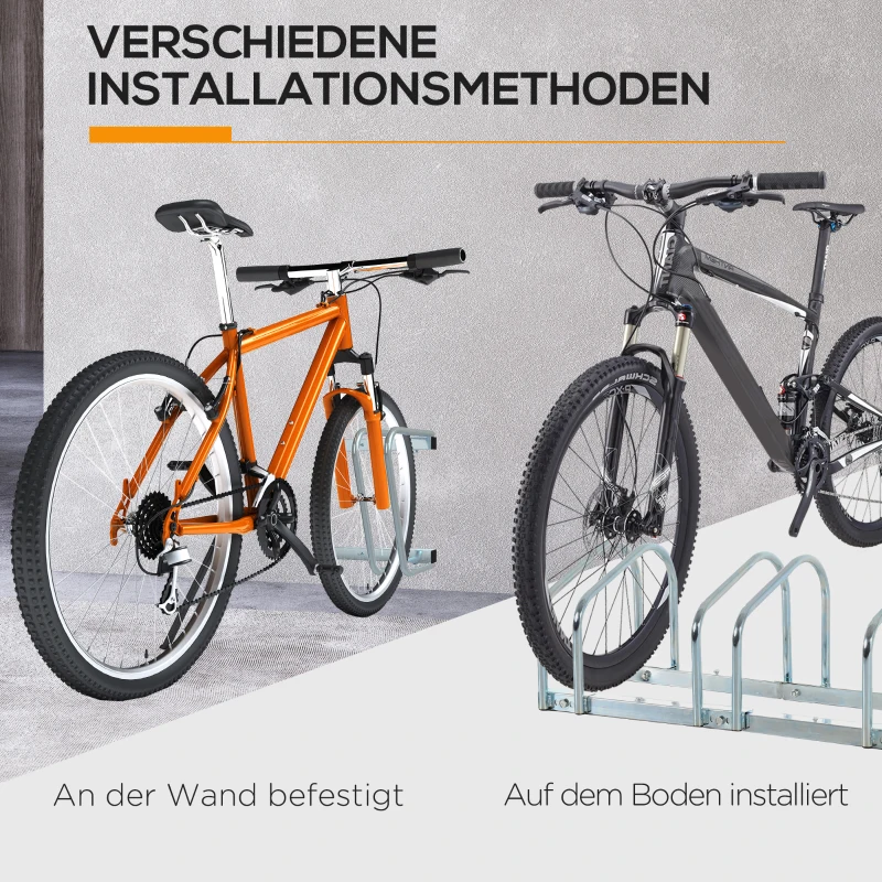 HOMCOM Fahrradständer, für 5 Fahrräder, Wand- oder Bodenmontage, verzinkter Stahl, 145 x 33 x 27 cm, Farbe: Silber
