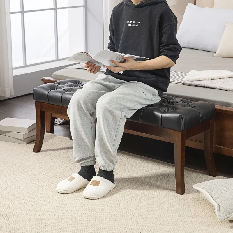 HOMCOM Panca Fondo Letto Imbottita con Design a Bottoni e Gambe Ricurve, in Pelle PU e Legno, 120x38x46 cm, Nero