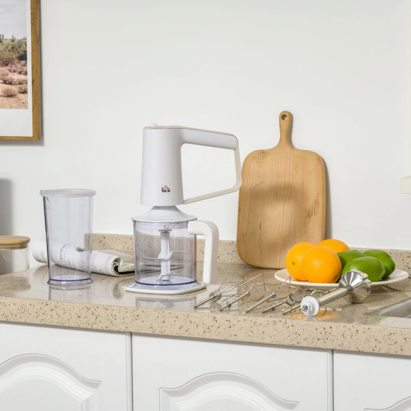 HOMCOM 5-In-1 Hand Mixer 500W Electric Whisk Five Speed w/ Stainless Steel Dough Hook Beater Blender Chopper for Kitchen Baking - White