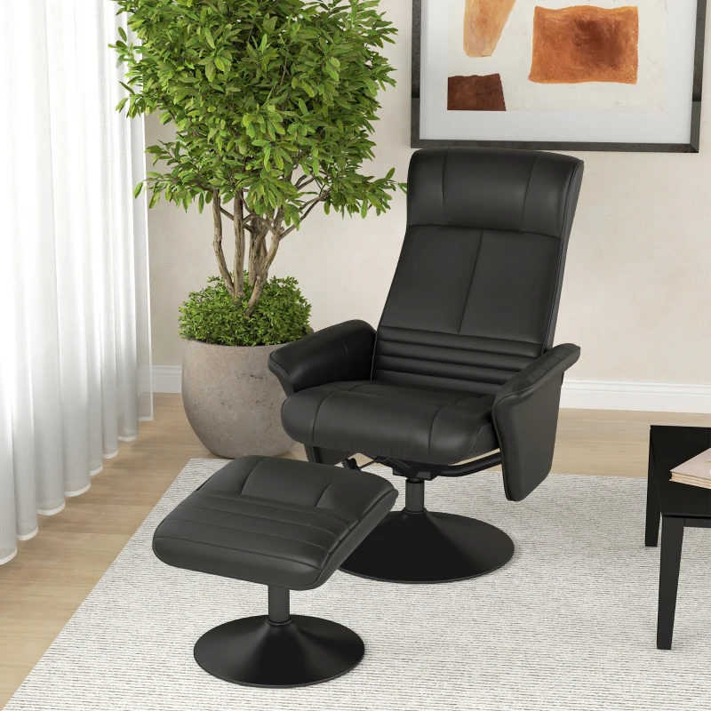 HOMCOM Polstersessel, Akzentsessel mit Hocker, drehbar, ergonomisch, Mikrofasertuchoptik, bis 150 kg, Schwarz(m-2)