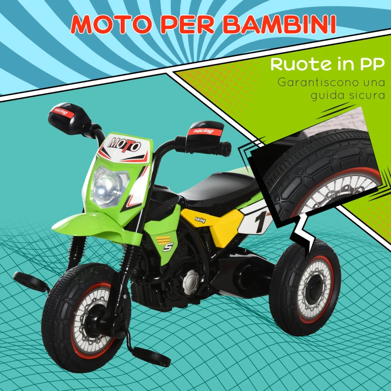 HOMCOM Triciclo per Bambini Stile Moto a Pedali con Luci e Suoni, 3 Ruote Larghe, Età 18-36 Mesi, 71x40x51cm, Verde