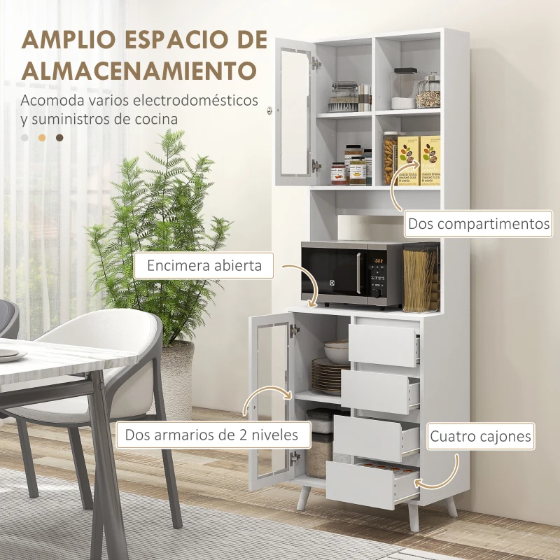 HOMCOM Alacena de Cocina Aparador con 2 Puertas de Vidrio Compartimentos 4 Cajones y Estantes Ajustables 60x35x180 cm Blanco