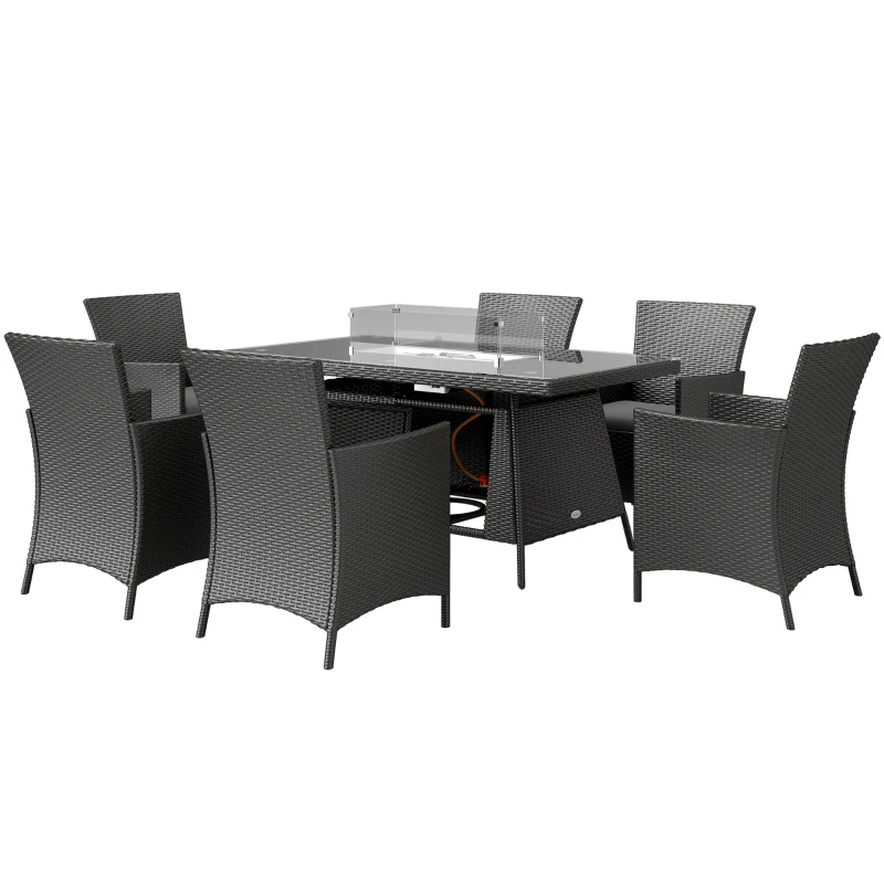 Outsunny 7 Pieces Outdoor Rattan Garden Furniture with Fire Pit Table, 6 Seater Garden Table and Chairs with Cushions, Rattan Dining Set with Propane Heater Table, Windscreen, 50,000 BTU, Black