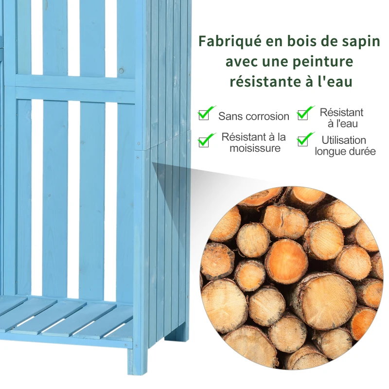 Outsunny Armoire abri de Jardin Remise pour Outils 3 étagères 2 Portes loquets + Range-bûches Toit Pente bitumé Bois Sapin traité Bleu