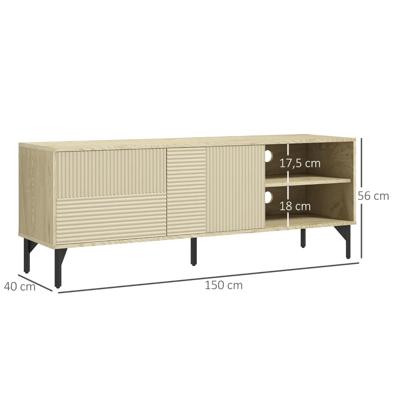 HOMCOM Meuble TV jusqu'à 65 pouces 2 niches 2 passe-câbles et 1 placard 2 portes piètement acier 150 x 40 x 56 cm jaune noir