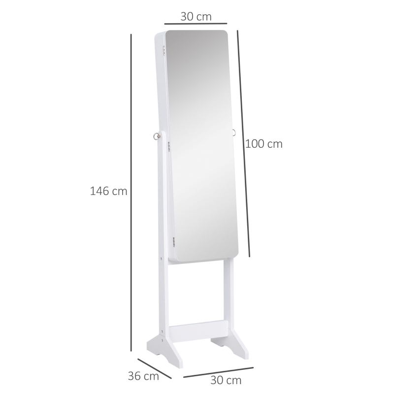 HOMCOM LED Schmuckschrank mit Innenspiegel Spiegelschrank klappbare Ablage Standspiegel verstellbar Weiß 146 cm hoch