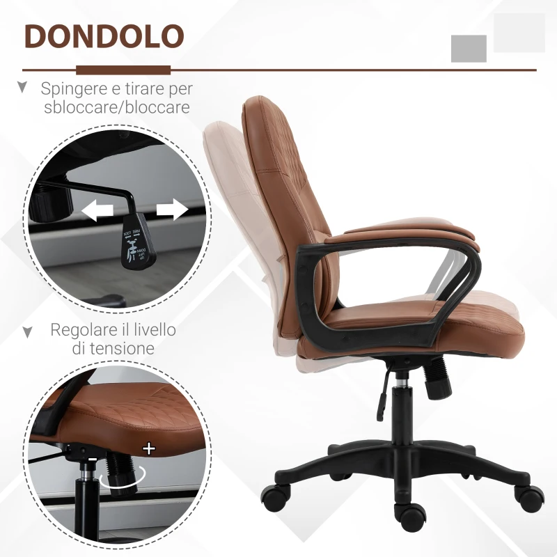 Vinsetto Sedia da Ufficio a Dondolo con 2 Punti Massaggianti e Porta USB, Poltrona da Ufficio in Finta Pelle Marrone con Altezza Regolabile, 59x63x92-101cm