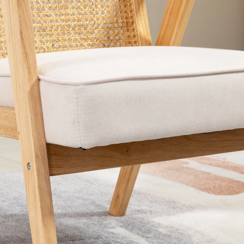 HOMCOM Fauteuil de salon confortable Chaise en Rotin avec Coussin épais- Dossier en cannage - Assise Profonde - Structure en Bois hévéa Aspect Lin Beige(m-7)