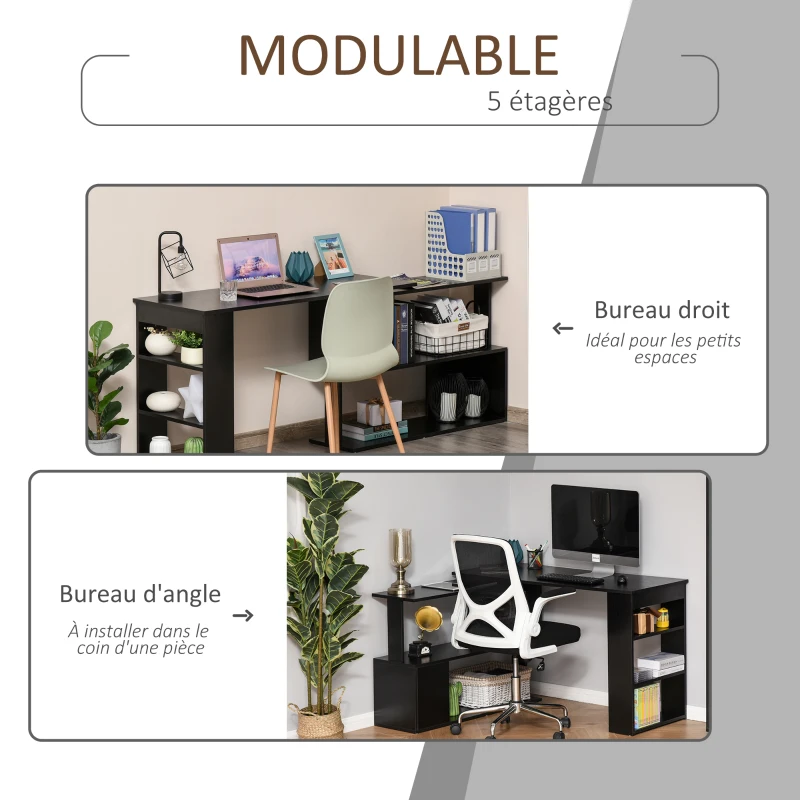HOMCOM Bureau d'angle table de salle à manger avec rangement bureau informatique modulable bibliothèque intégrée + étagère 3 niveaux noir
