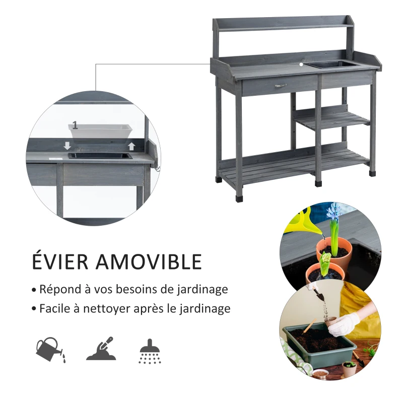 Outsunny Table de rempotage multi-équipée table de jardinage avec tiroir, 3 étagères, évier, 3 crochets - table de plantation bois sapin pré-huilé gris