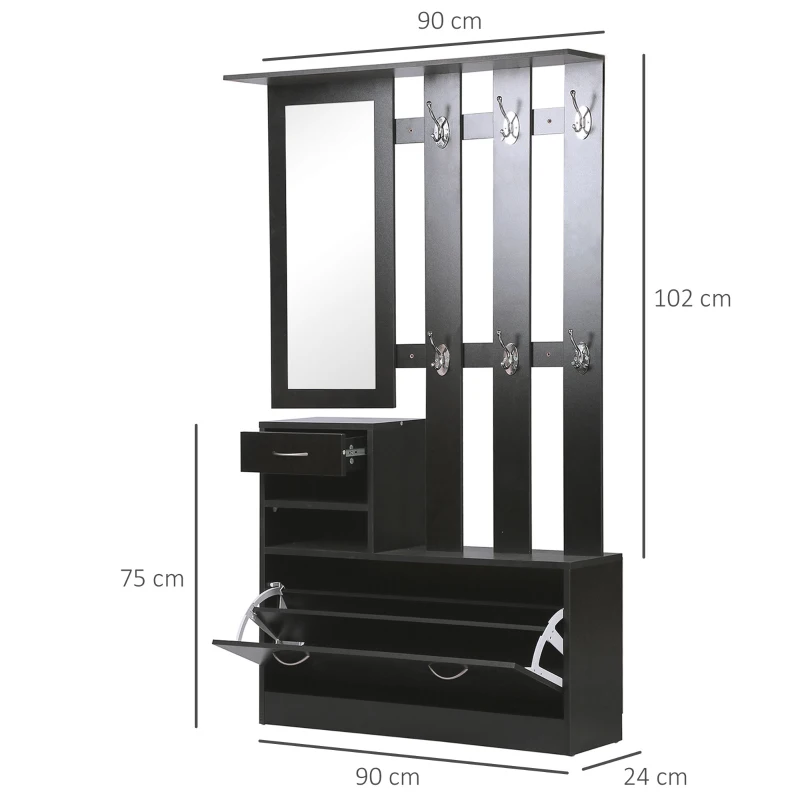 HOMCOM Ensembles 3 en 1 de meuble d'entrée vestiaire avec panneau porte-manteau, miroir et banc à chaussures - 6 crochets et étagère réglable, noir