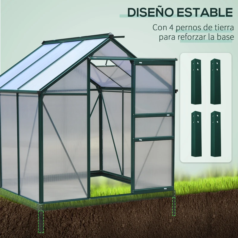Outsunny Invernadero de Jardín 2x2 m Policarbonato y Aluminio Vivero Casero con Tragaluz Protección UV30 y Base 3,65 m² para Macetas Cultivo Plantas Flores Transparente