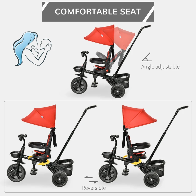 HOMCOM 4 in 1 Kids Trike Toddler Foldable Pedal Tricycle w/ Reversible Angle Adjustable Seat Removable Handle Canopy Handrail Belt Storage Footrest Brake Clutch for 1-5 Years - Red