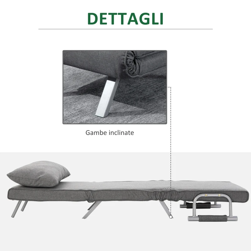HOMCOM Poltrona Letto Singola con Schienale Regolabile su 5 Livelli e Cuscino, in Tessuto, Grigio Chiaro