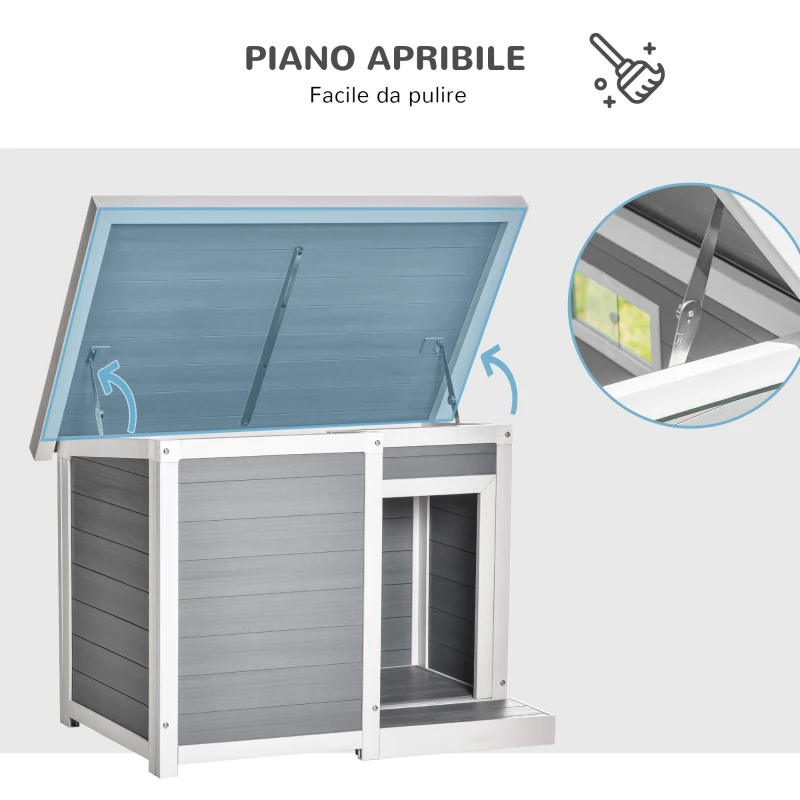 PawHut Casetta per Cani da Esterno con Porta e Terrazza, Cuccia per Cani di Taglia Media, Tetto Apribile e Finestra, Grigio