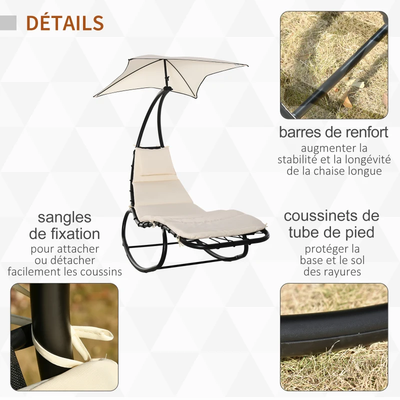 Outsunny Bain de Soleil transat à Bascule Design Contemporain avec Pare-Soleil, Matelas Grand Confort, tétière métal époxy Noir Polyester crème