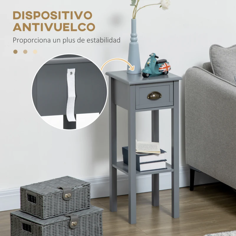 HOMCOM Mesa Auxiliar Estilo Moderno Mesita Auxiliar con Cajón y Estante de Almacenamiento 30x30x75 cm Gris