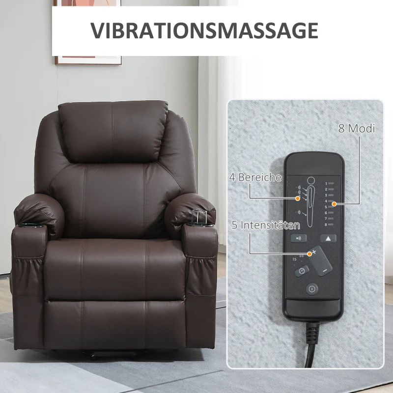 HOMCOM Massagesessel mit Aufstehhilfe, Liegefunktion, Kunstleder, bis 150 kg, 88 x 99 x 106 cm, Braun(m-6)