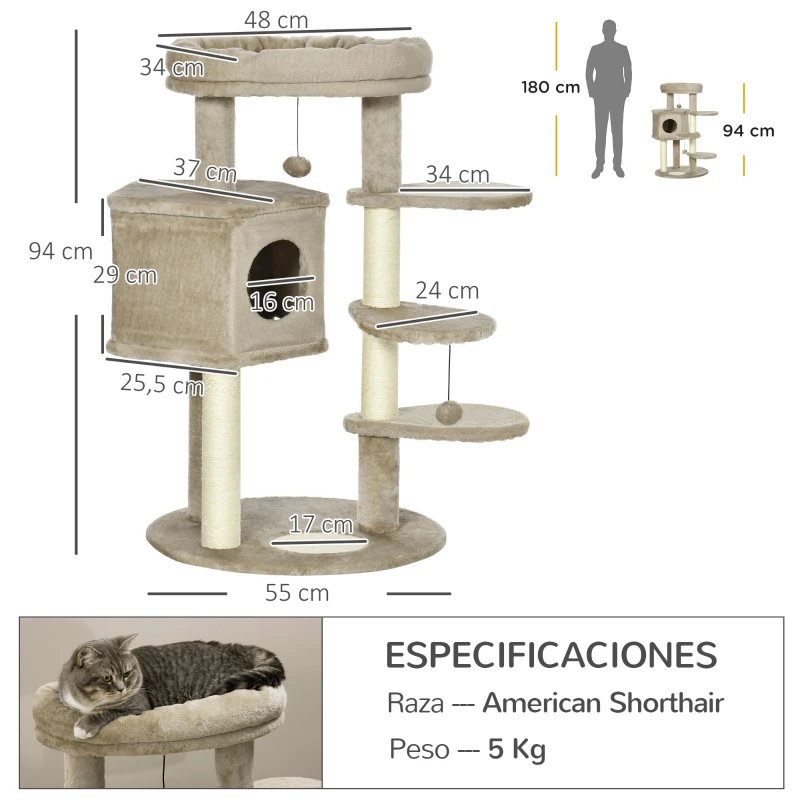 PawHut Árbol Rascador para Gatos Pequeños Altura 94cm Torre para Gatos con Cama Cueva y Juegos 55x55x94 cm Marrón