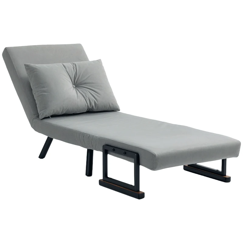 HOMCOM 4-in-1 Velvet-Feel Single Chair Bed, with Pillow - Light Grey