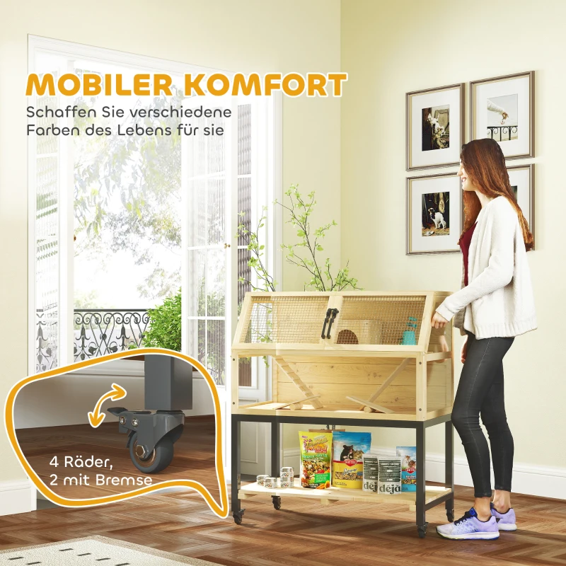 PawHut Zwerghamsterkäfig aus Holz mit Ablagefach, Rädern, Rampen, Wasserflasche, Hütte, Wippen, 87 x 43 x 101cm