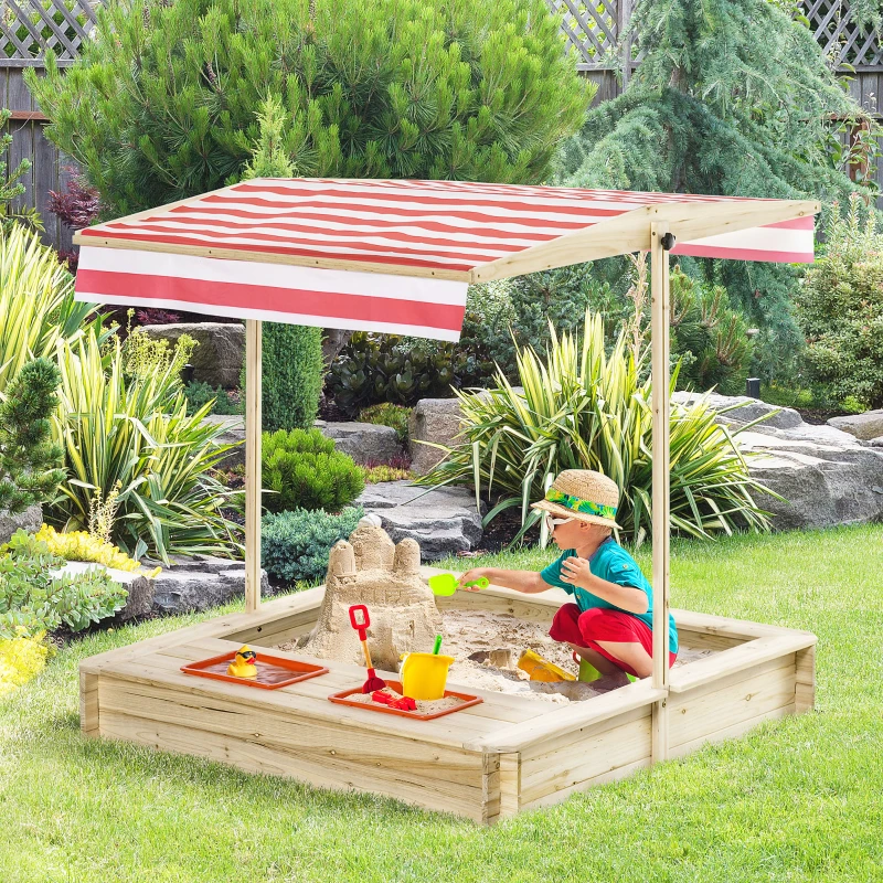 Outsunny Kids Wooden Sand Pit with Cover Children Sandbox Playset Outdoor Backyard w/ Adjustable Canopy Shade, Bottom Liner, Seat, Plastic Basin
