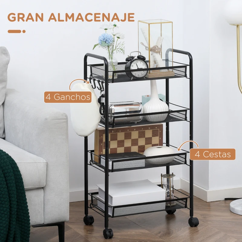 HOMCOM Carrito de Cocina de 4 Niveles Carrito de Almacenamiento con 4 Ganchos Carga 12 kg para Comedor Baño 45x26,5x84 cm Negro