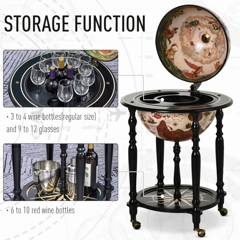 HOMCOM Unique Globe Drinks Cabinet Wood Frame 3 Compartments Bottles Glasses w/ Bottom Shelf 4 Wheels Elegant Antique Movable Safe Storage Presentation Wine Alcohol Beverage Trolley Brown Beige