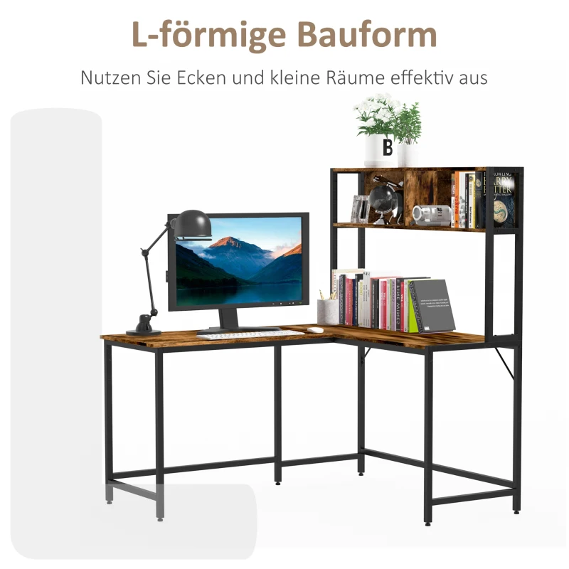 HOMCOM Computertisch, L-förmiger Eckschreibtisch, Schreibtisch, Bürotisch, Gamingtisch, PC-Tisch, Spanplatte+Metall, Natur+Schwarz, 140 x 125 x 149 cm