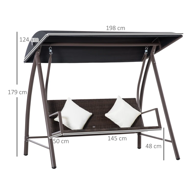 Outsunny Dondolo da Giardino 3 Posti in Rattan PE e Metallo con Cuscini e Tetto Parasole, 198x124x179cm, Marrone