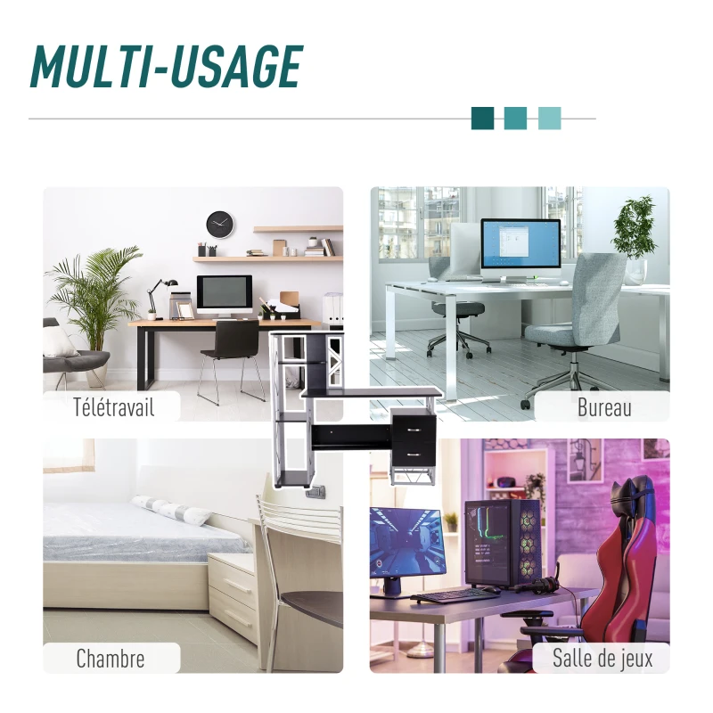 HOMCOM Bureau informatique design industriel 133L x 155l x 123H cm multi-rangements bibliothèque 3 étagères + 2 tiroirs MDF métal MDF noir