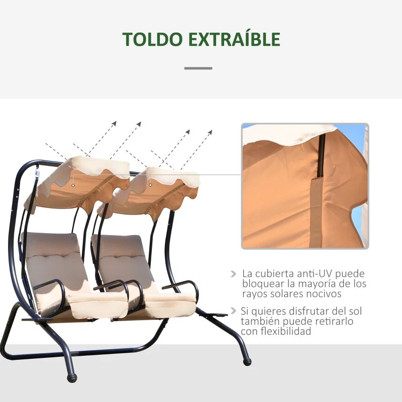 Outsunny Columpio de Jardín de 2 Plazas con Asientos Individuales Cojines Toldos Extraíbles y Mesas Laterales 170x136x170cm Beige