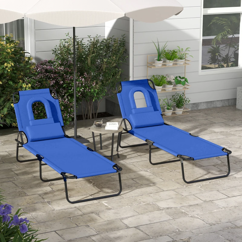 Outsunny Outdoor Folding Sun Lounger Set of 2 with Face Hole, 4 Level Adjustable Backrest Reclining Garden Lounger, Garden Recliner Sunbed with 600 D Oxford Cloth Seat and Pillow for Beach, Blue
