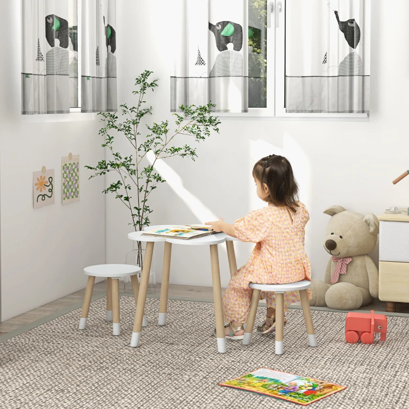 ZONEKIZ Mesa con 2 Sillas para Niños de 2-5 Años con Mesa en Forma de Flores Ø59x50 cm y Sillas Ø28x26 cm Blanco y Natural
