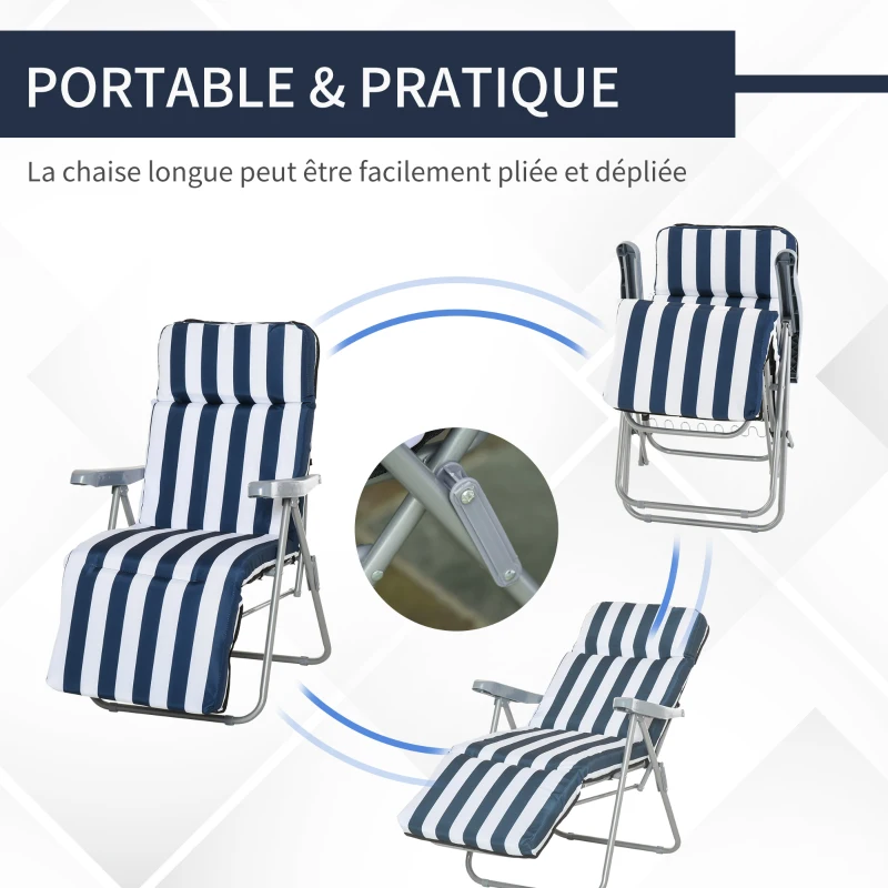 Outsunny Lot de 2 Chaise Longue Bain de Soleil Adjustable Pliable avec coussin transat lit de Jardin en Acier Bleu + Blanc