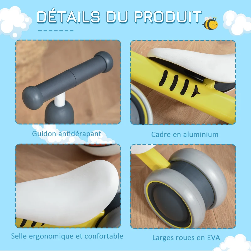 HOMCOM Draisienne vélo Enfant Design Abeille 4 Roues Selle Guidon Ergonomique métal PP Jaune